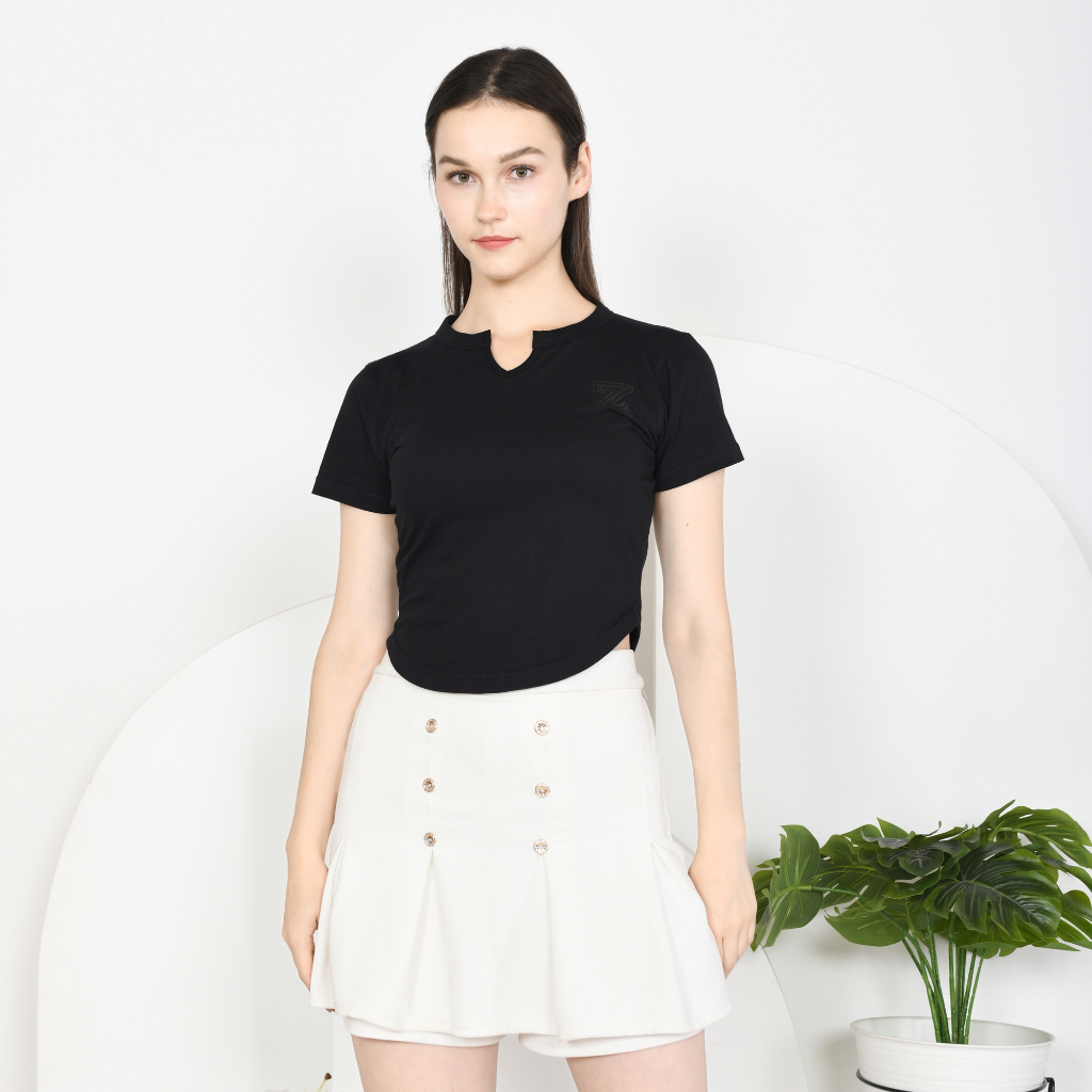 ZOREA Baju Crop Top Tee Kaos Wanita Kerah V-Neck Black