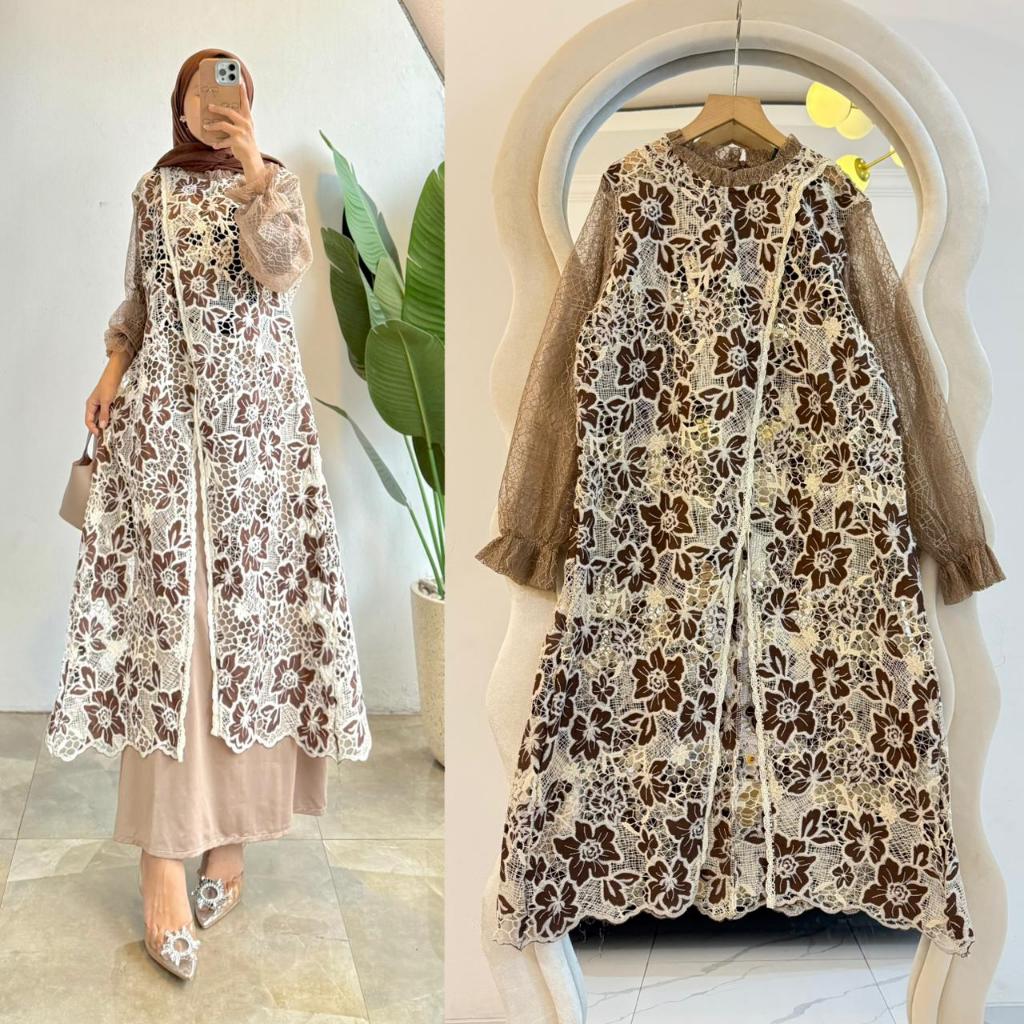Long Outer Brukat / Outer Cardigan Renda Panjang Wanita Muslimah Premium
