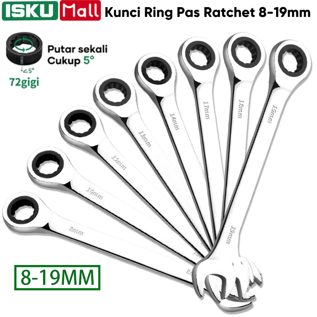 ISKU Kunci Ring Pas Ratchet Satuan 8-24mm CR-V 72 Gigi Gear Wrench Spanner Kunci Rachet Pas Ring Ece