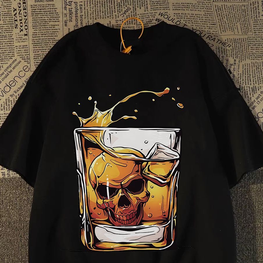 Kaos Pendek Katun 100% dengan Elemen Minuman Alkohol, Unisex Musim Panas, Oversize Gaya Kustom