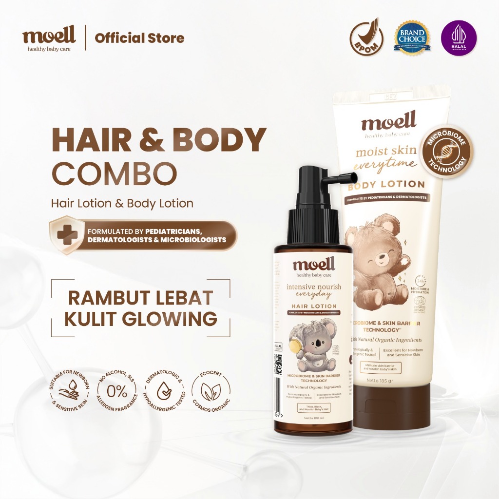 Moell Hair & Skin Combo Bundling Body Lotion 185gr & Hair Lotion 100gr - Perawatan Badan & Rambut Ba