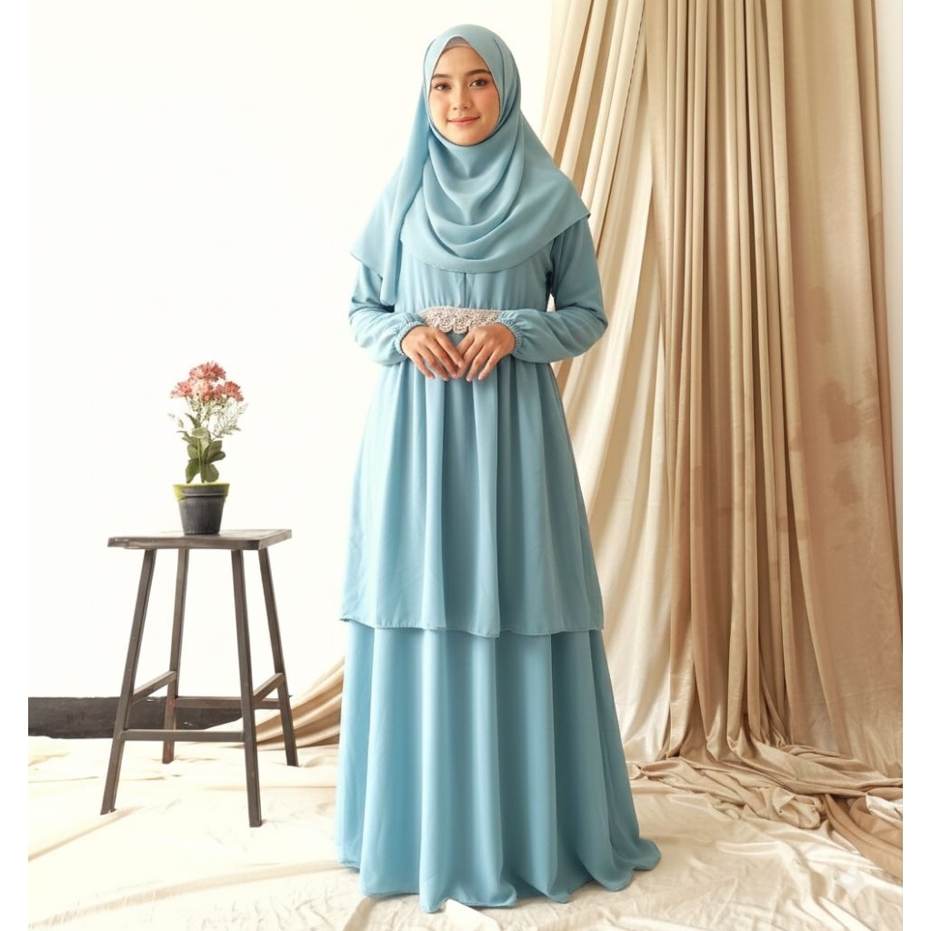 Gamis ceruti babydoll renda, gamis malaysia, gamis 2 layer