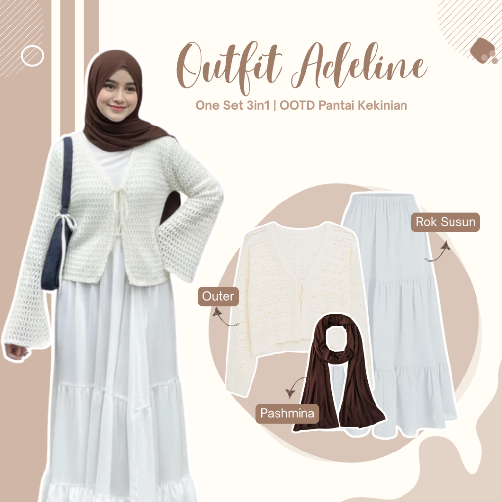 One Set Wanita 3in1 (Adeline Outer Cardigan Jaring , Rok , Hijab) Outfit Pantai Aesthetic - LN201