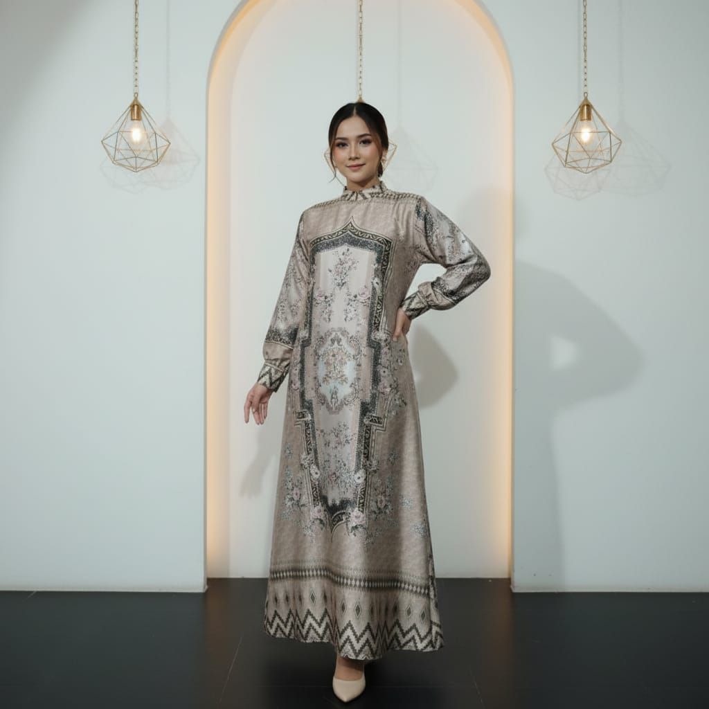Gamis Premium A-Line Motif Etnik | Dress Muslimah Satin Silk Elegant