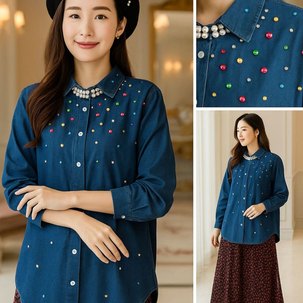 Kemeja Denim Permata Wanita Import Premium | Kemeja Casual Korea Mutiara Oversize LD 120 PB 75-82