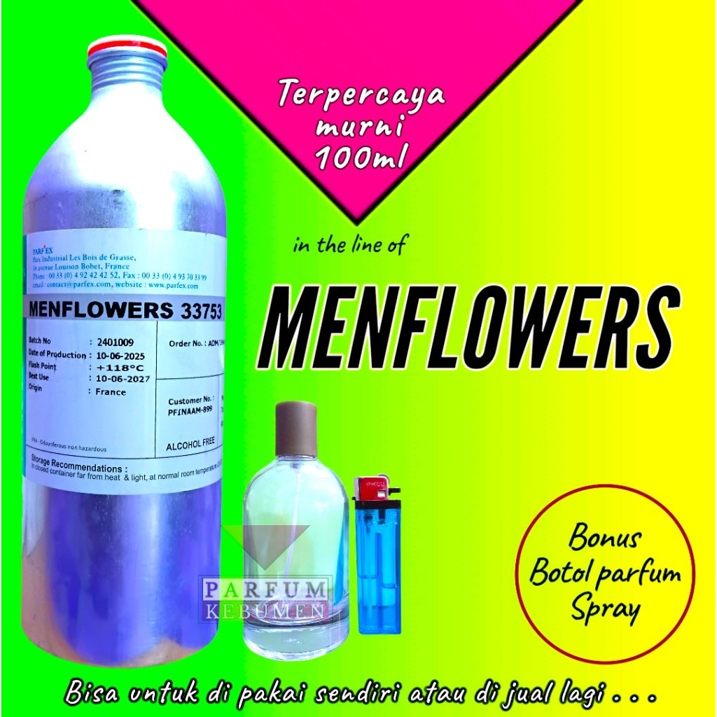100ml bibit parfum murni MENFLOWERS parfex original , bonus botol parfum spray , outdoor , inspired 