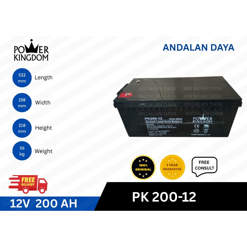 Aki UPS 200AH POWER KINGDOM VRLA Battery 12V200AH Aki Batre UPS Solar Panel