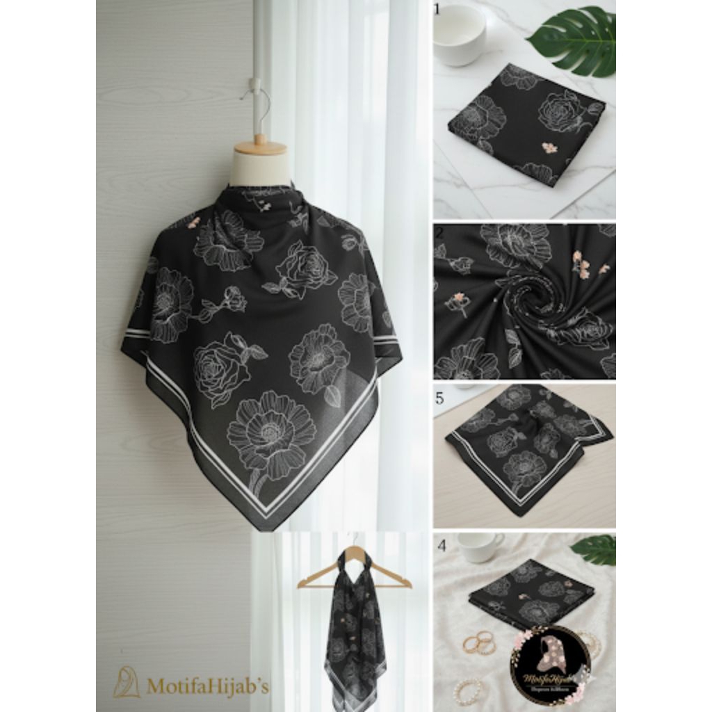 Jilbab / Hijab Segi Empat Motif Bunga Garis Outline - Hitam Kontras Mewah