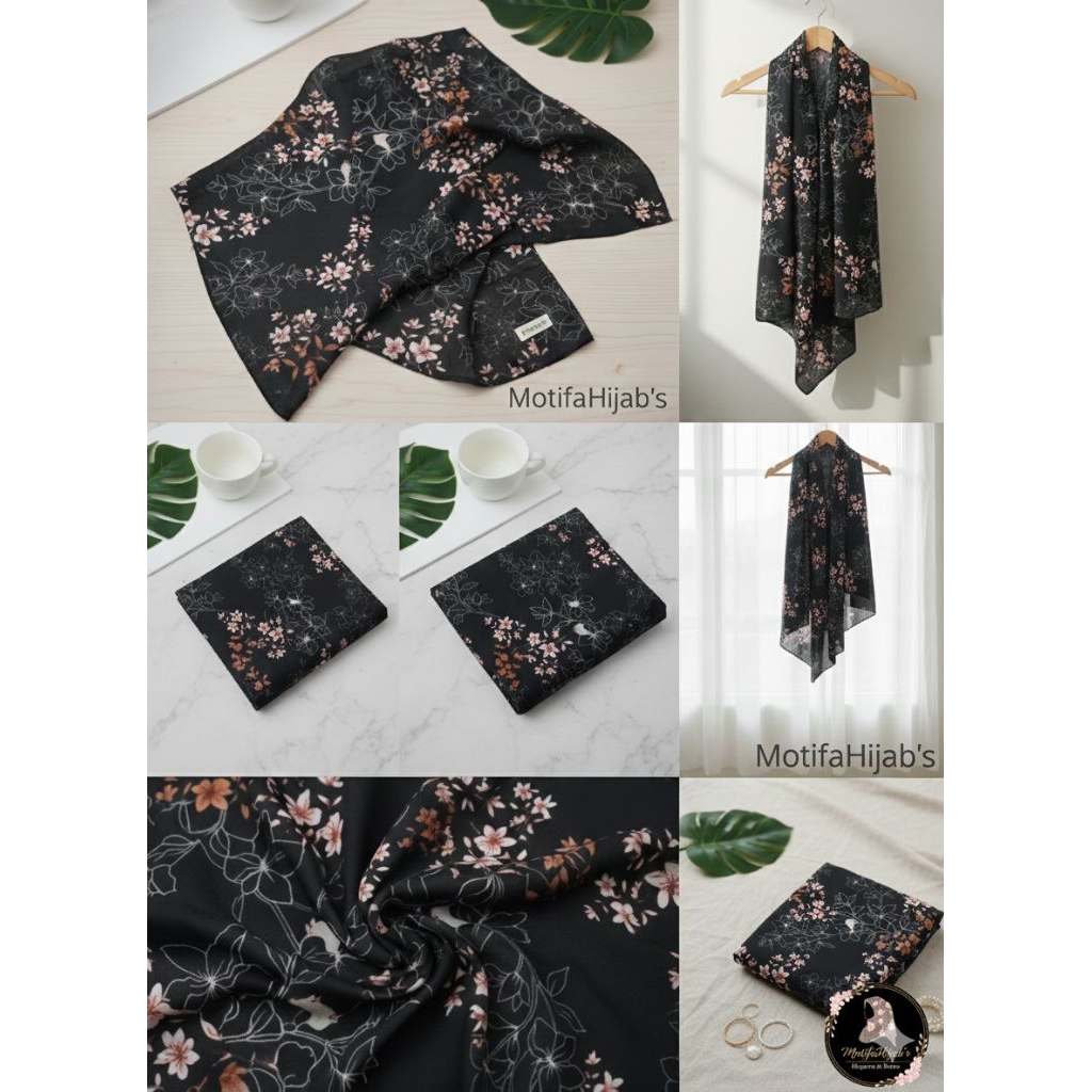 Jilbab / hijab segiempat motif bunga mewah - hitam elegan