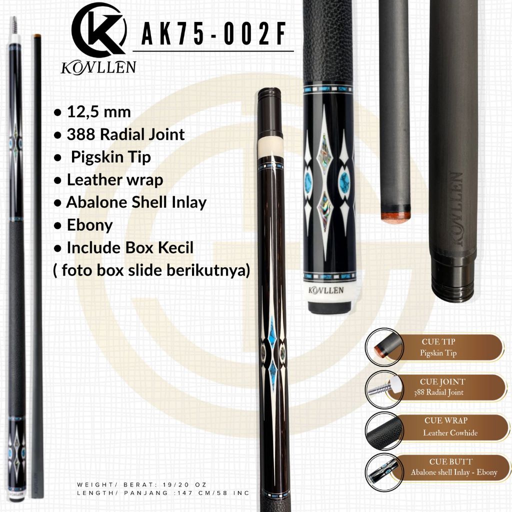 Konllen AK75-002F Ebony Abalone Shell Inlay New