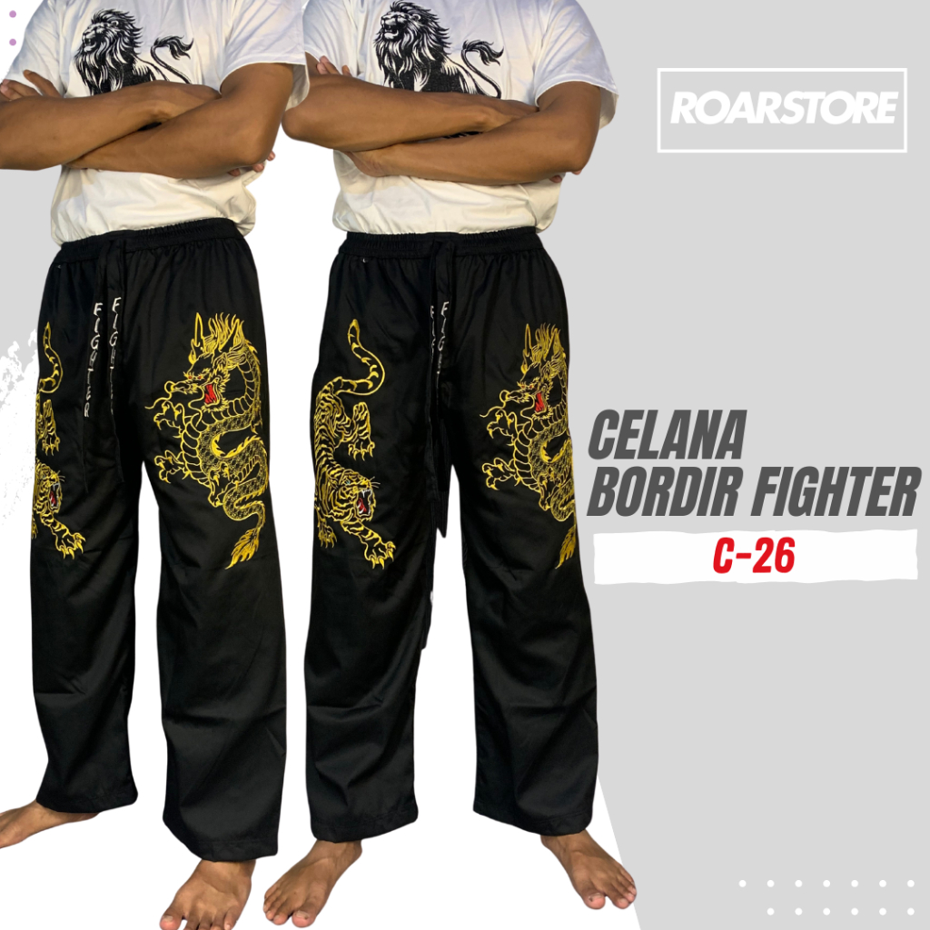 Celana Silat Hitam Komprang Bordir Tebal Panjang Motif Gambar Naga Macan Pangsi Jumbo Pria Dewasa