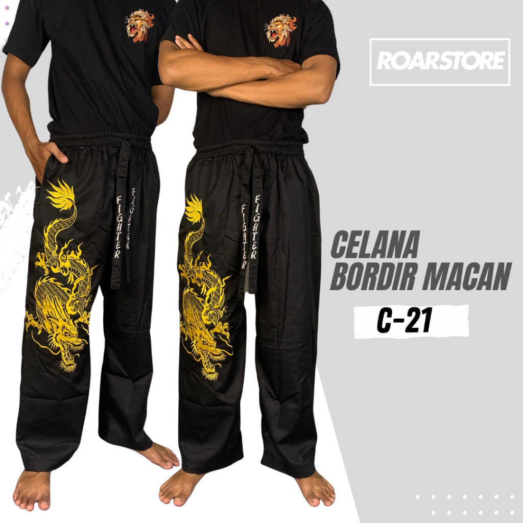 Celana Silat Hitam Komprang Bordir Tebal Panjang Motif Gambar Naga Fighter Pangsi M-XXXL Dewasa