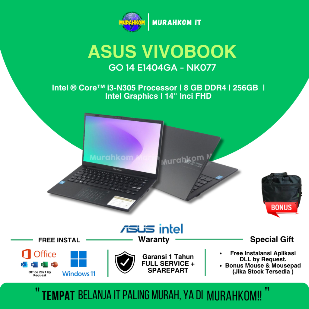 Asus VivoBook Go 14 E1404GA Intel Core i3 N305 RAM 8GB Penyimpanan 256GB Layar 14Inch Full HD
