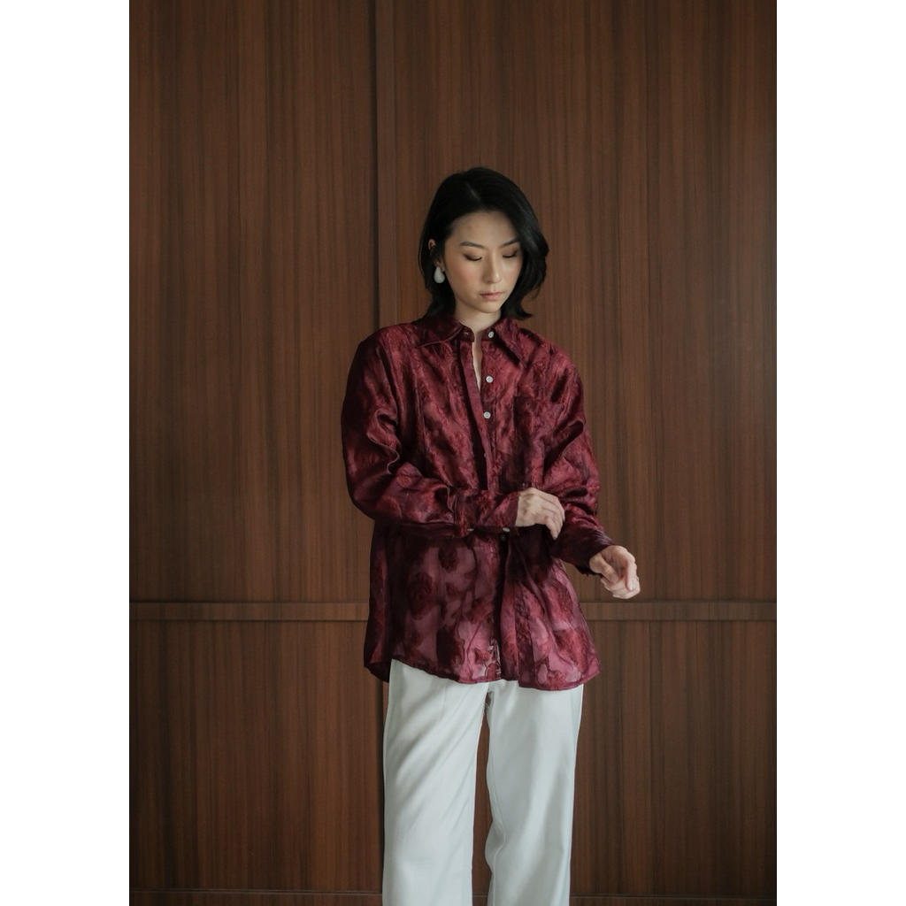 SNOOZE - Claire Sheer Top (atasan kemeja natal imlek sheer lengan panjang bahan bordir)