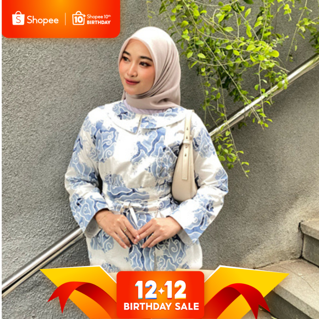 BATIK TRUSMI Atasan Wanita Blouse Batik Motif Mega Mendung Bumi Tali Mop Biru