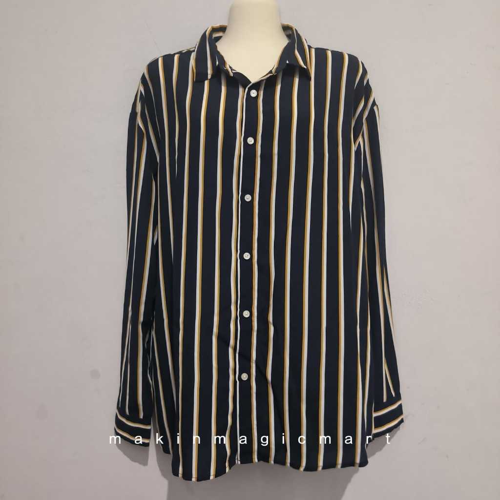 (PL) Henus 105 Kemeja Printing Stripe Unisex Pria Wanita Oversize Shirt | Kode AE