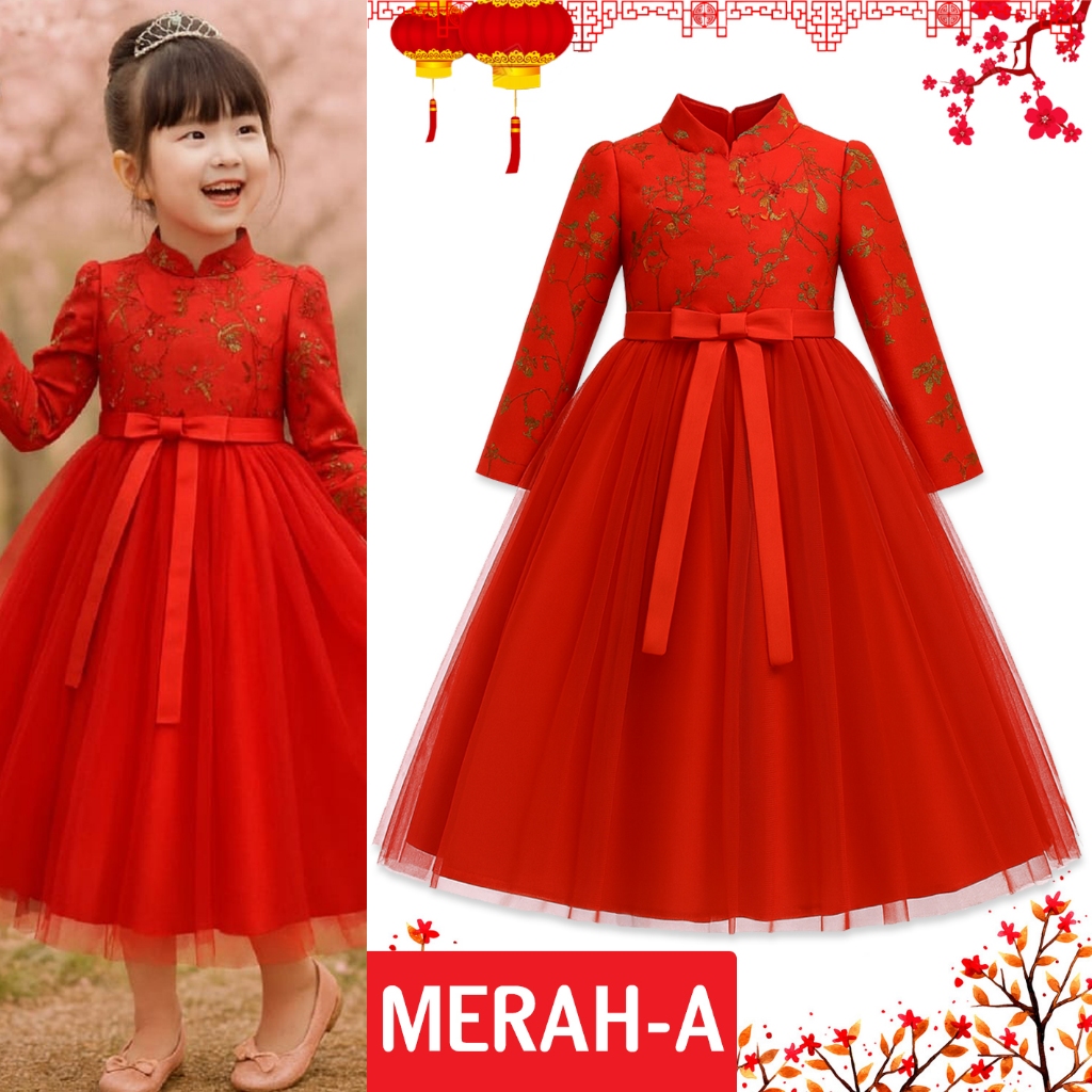Dress Cheongsam Anak Import Gaun Cheongsam Anak Perempuan Dress Imlek Anak Dress Anak Merah Import M