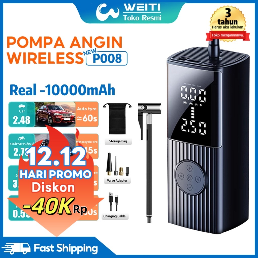 WEITI P008 Pompa Ban Motor Dan Mobil Electric Air Pump Car Air Pump Tire Inflator Portable Mini Pomp