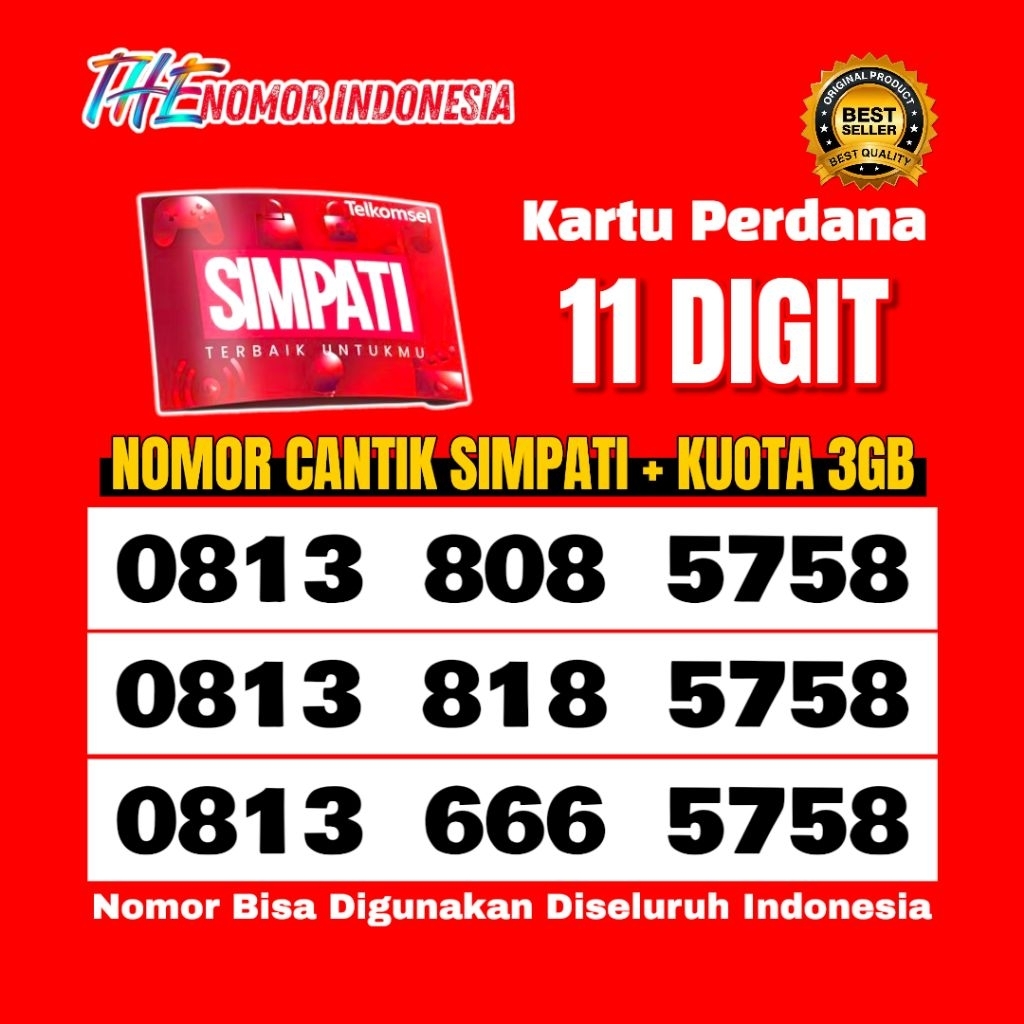 E0011D | NOMOR CANTIK TELKOMSEL SIMPATI 11 DIGIT 4G/5G/LTE Hoki 5757/5858/5758/168/1168/8005/8055/80