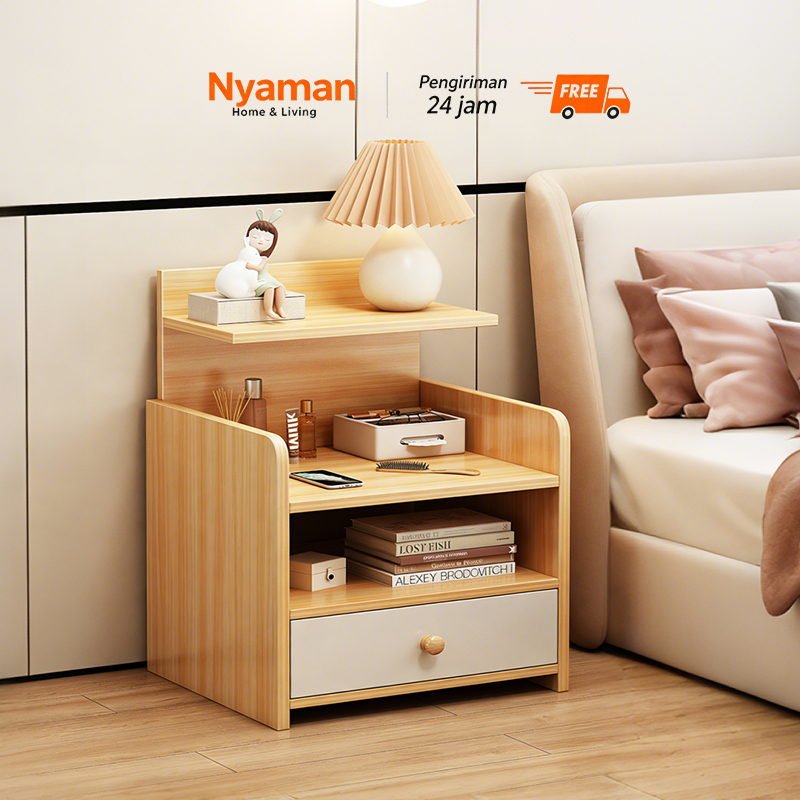 NYAMAN Meja Nakas Lemari Penyimpanan Multifungsi Kayu 2 Laci Sederhana Dan Tahan Lama