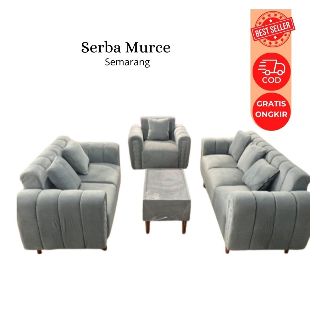 Sofa Bergaransi Resmi Sofa Retro Bahan Kain Bludru model 3,2,1 dan POK Free 6 bantal + kaca meja