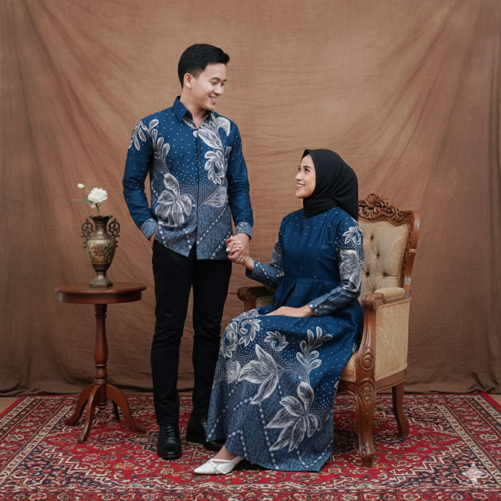 Batik Sarimbit Couple Kondangan Dewasa Premium Full Katun | Kemeja Pria & Gamis Batik Anggrek Navy