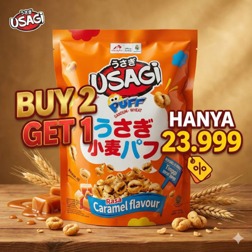 Usagi Puff Wheat Caramel - Snack Sereal Gandum Rasa Karamel (Promo Beli 2 Gratis 1)