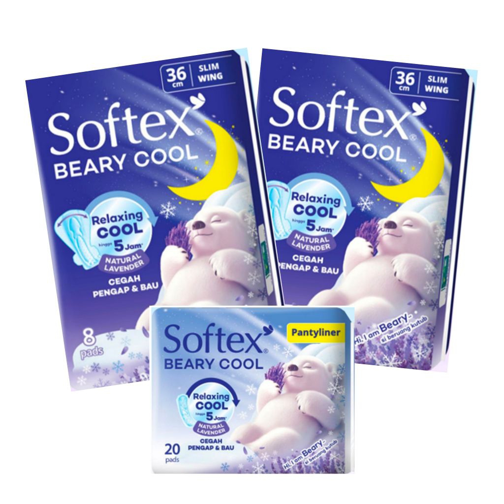 2pack Softex Beary Cool Pembalut Wanita Slim Wing Natural Lavender 36 cm 8 pads+Pantyliner isi 20