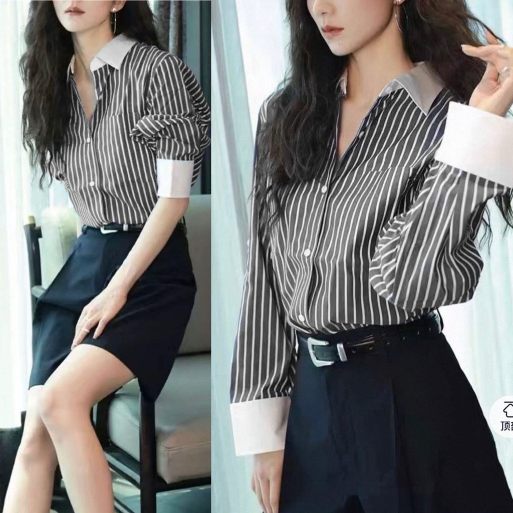 Kemeja cotton oversize motif garis garis / atasan kemeja jumbo longsleeve shirt / kemeja casual kore