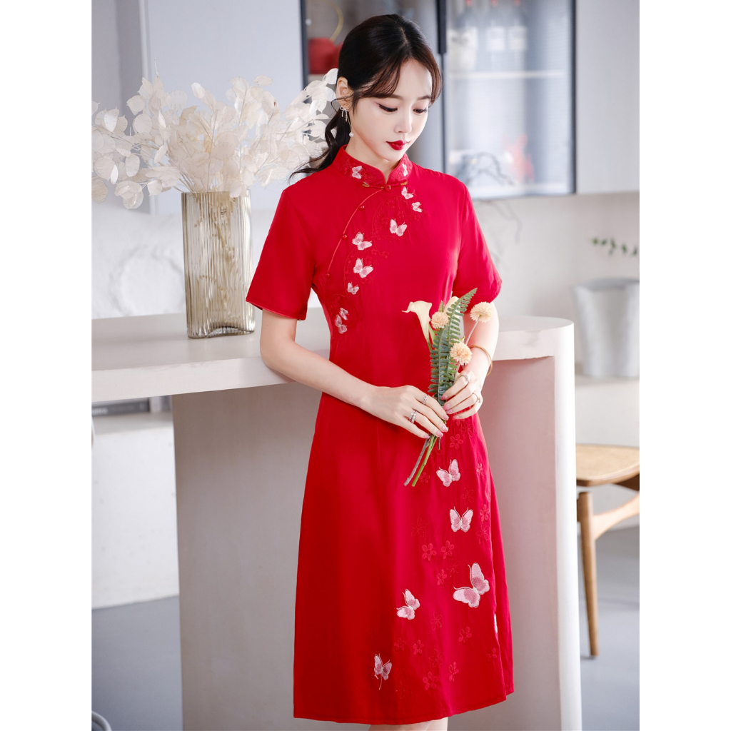 Elegant Wedding Modern Qipao Women's Red Dress Flower Butterfly Embroidery New Chinese Traditional C