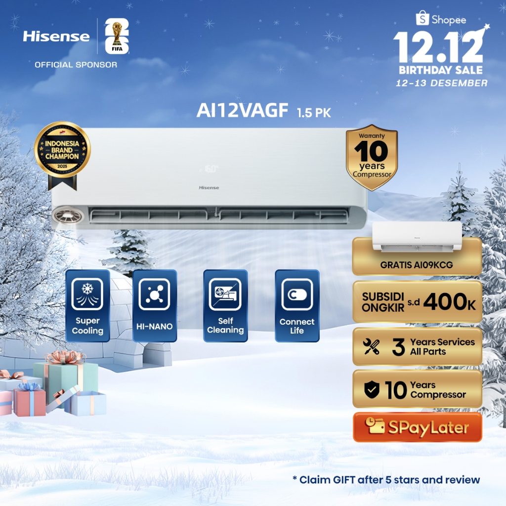 (BELI AC GRATIS AC) Hisense AC AI12VAGF Inverter 1.5 PK Fresh Air Hi Nano Connect Life Self Cleaning