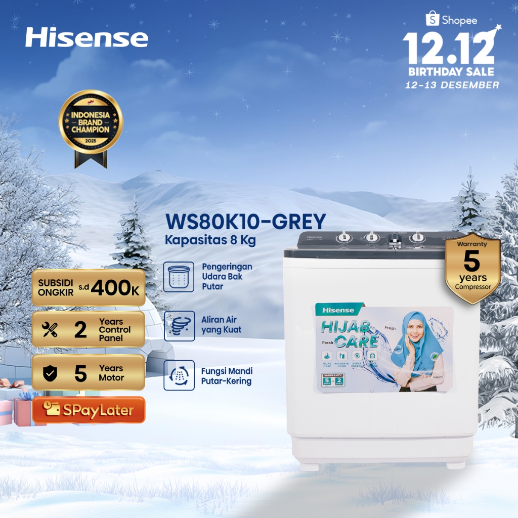 Hisense Mesin Cuci WS80K10 Top Loading Twintube Kapasitas 8KG 2 Tabung Bukaan Atas Warna Abu-abu Gel