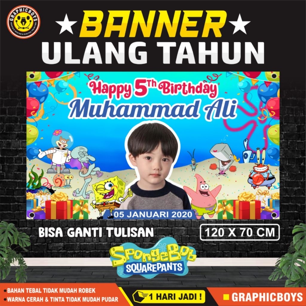 Spanduk Ulang Tahun Tema Spongebob Custom Ukuran 120 X 70 Cm / Banner Ulang Tahun Tema Spongebob Cus