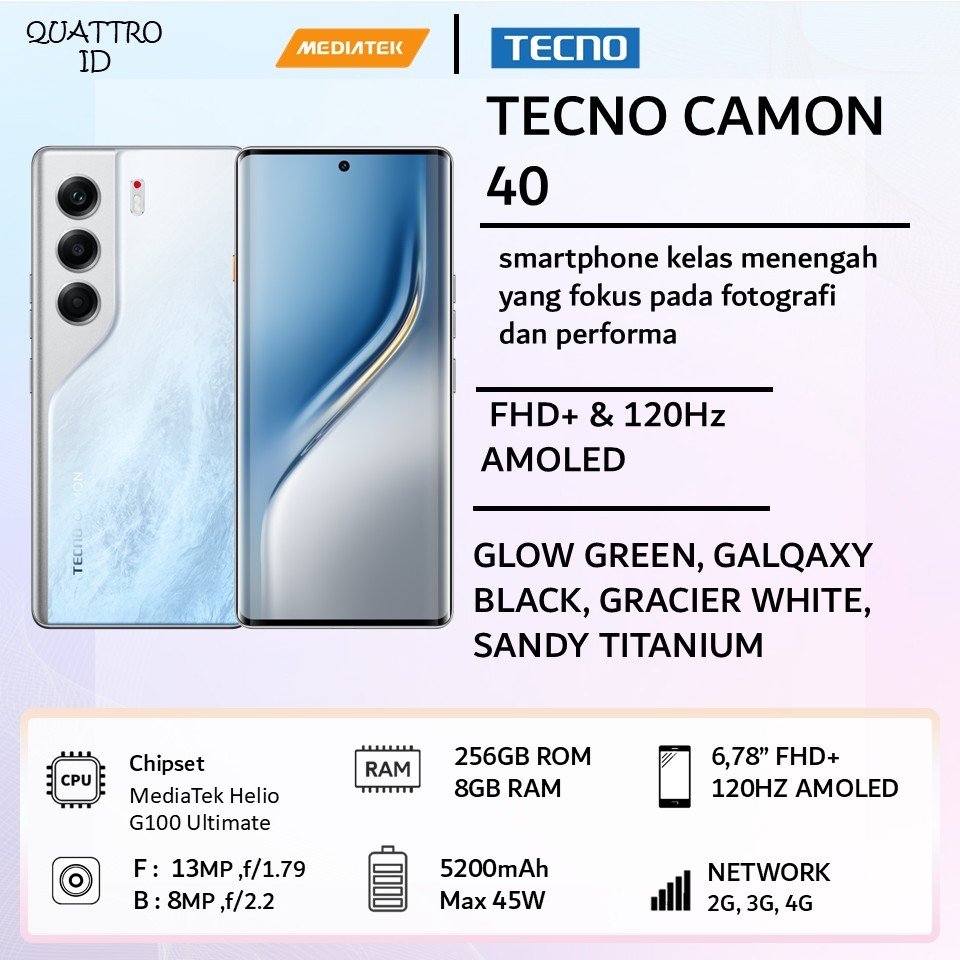 CAMON 40 8+8GB*256 GB, 50MP + 32MP Front Camera, 8MP Camera, 120hz AMOLED, IP66, 5200mAh TECNO Casin