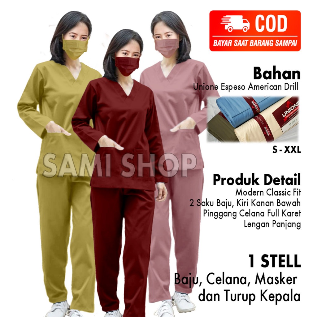 Doctor Scrub's Medis Baju Ok Lengan Panjang Unisex Bahan American Dril Premium
