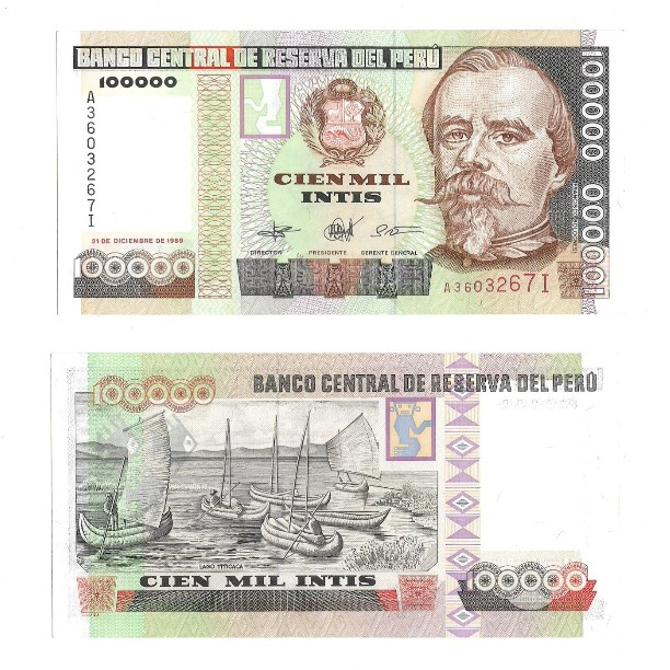 Uang Kuno Asing Peru 100000 Intis 1989 UNC Francisco Bolognesi