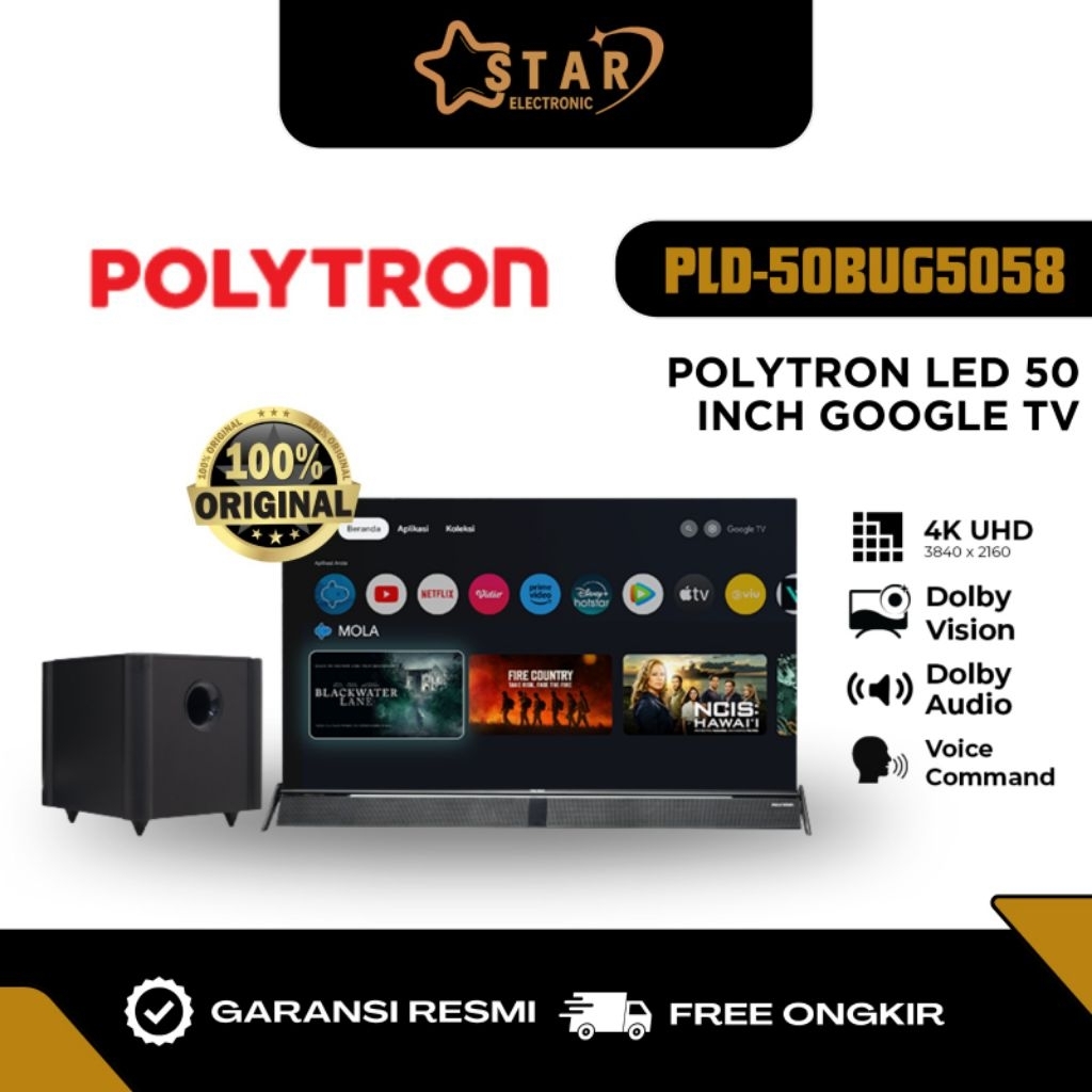 TV LED POLYTRON 50 INCH 50BUG 4K UHD SMART CINEMAX SOUNDBAR GOOGLE TV