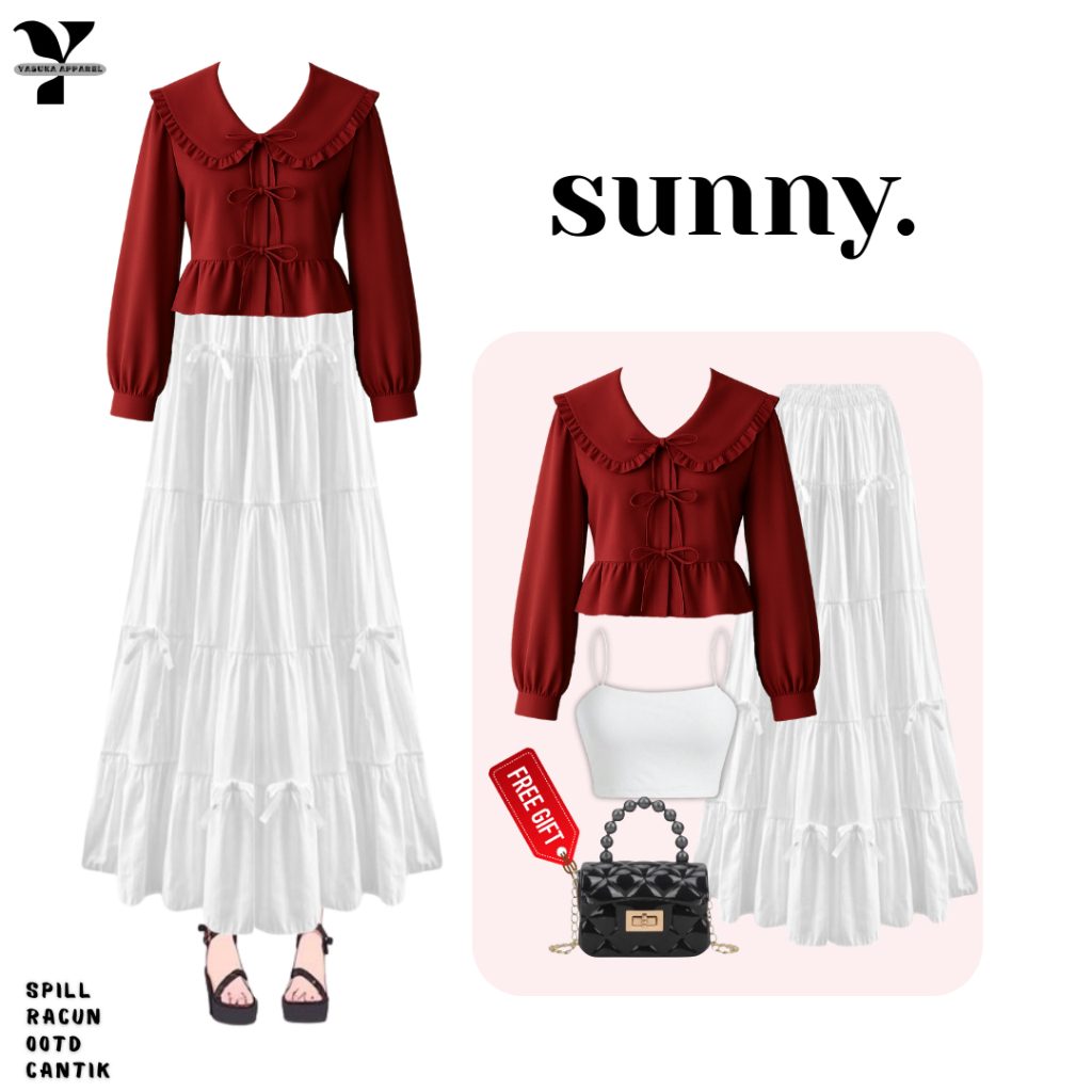 One Set Wanita Natal OOTD Lebaran   Bukber  Blouse Maroon, Rok Pita, Tanktop, FREE Tas OOTD Lebaran 