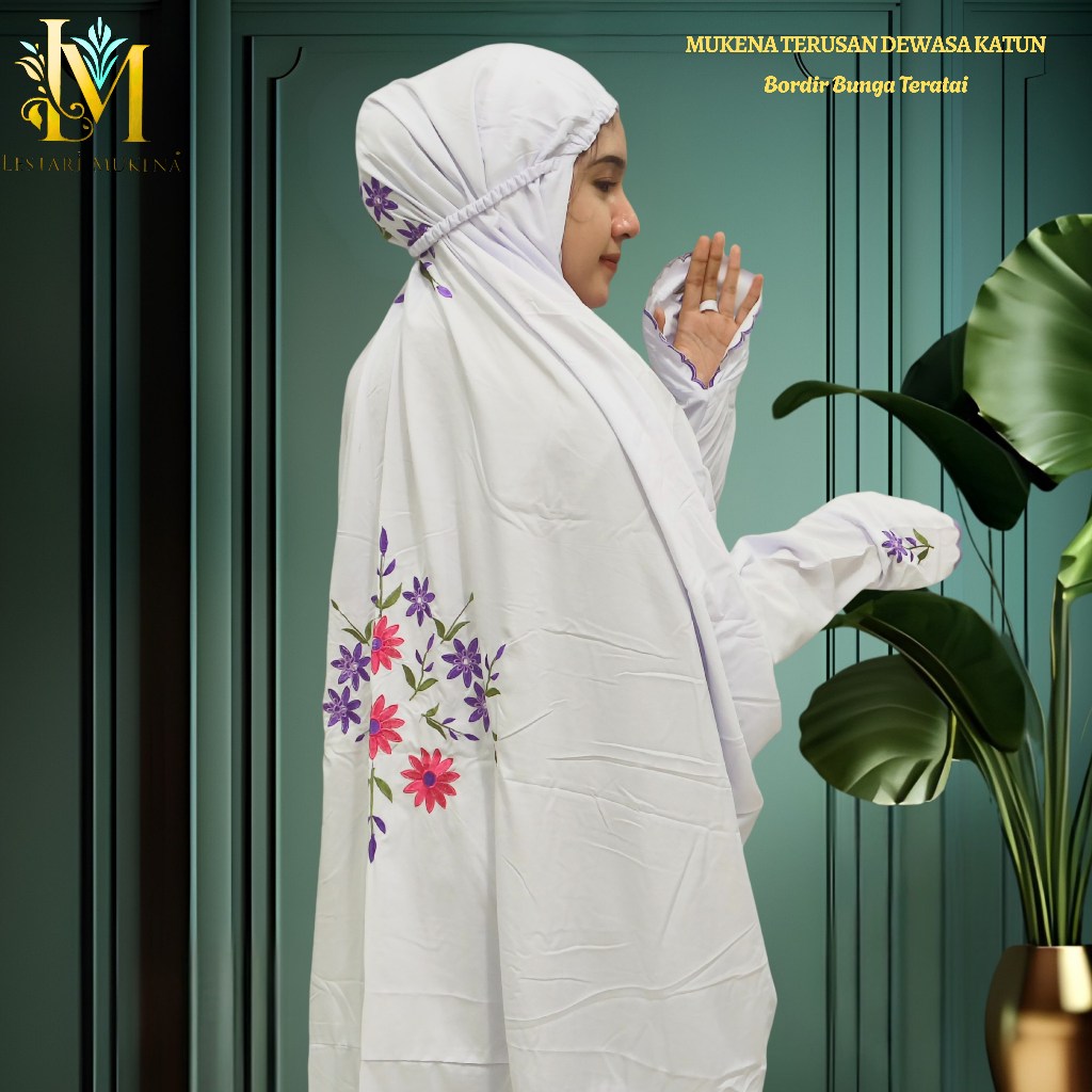 Mukena Terusan Dewasa Katun Polino Motif Bordir Bunga Teratai