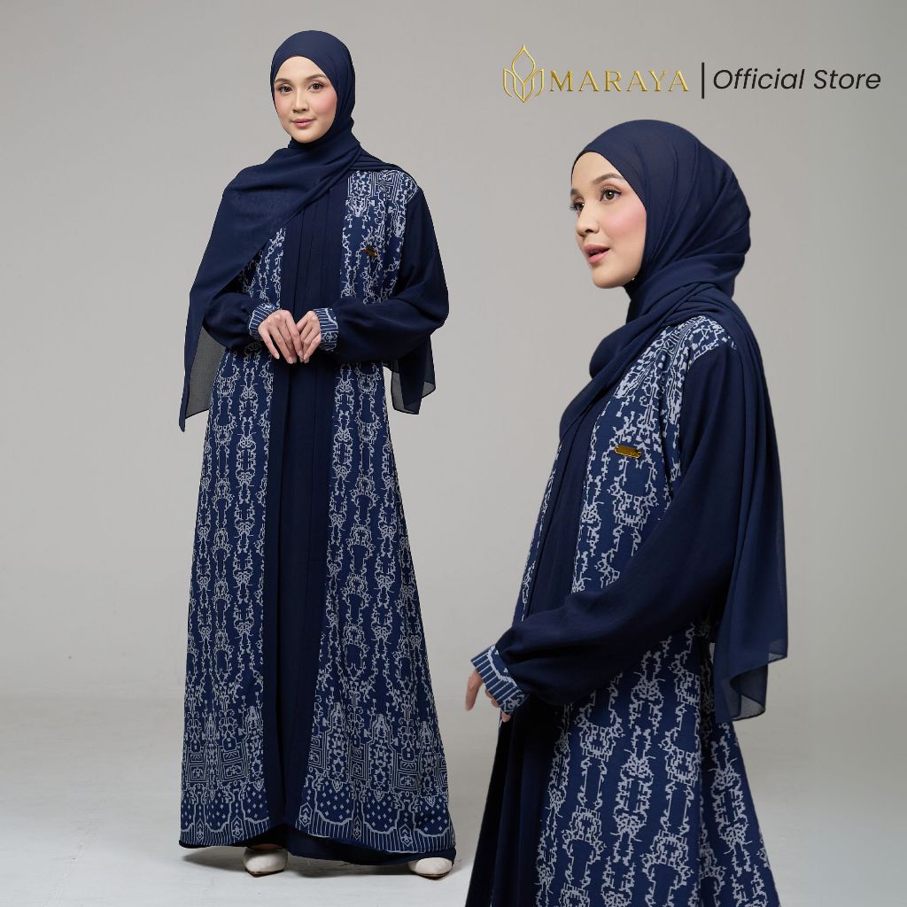 MARAYA - Syahira Dress Navy Gamis Muslimah Motif Pesta Crinkle Premium