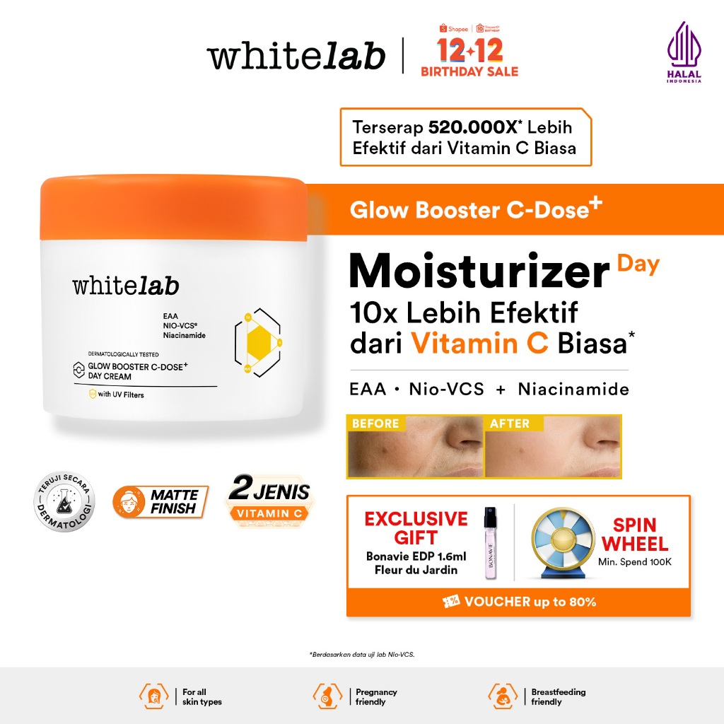 Whitelab Glow Booster C-Dose+ Day Cream - Pelembap Krim Pagi Pencerah Wajah untuk Kulit Kering denga