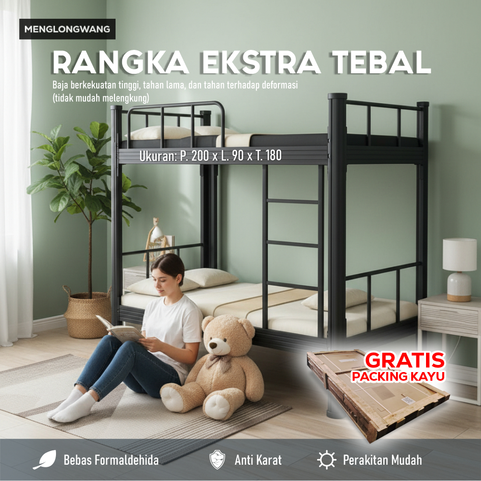 Ranjang Susun Besi Kokoh - Dipan Kasur Tingkat Minimalis Untuk Kamar Anak Kost - MENGLONGWANG