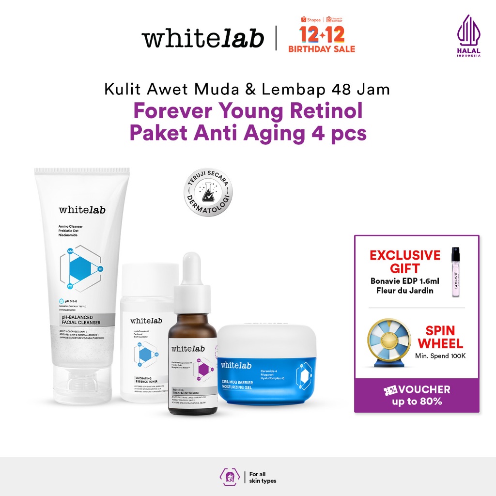 Whitelab 4 pcs Anti Aging Series - Facial Cleanser, Essence Toner, Serum, Moisturizer Paket Skincare