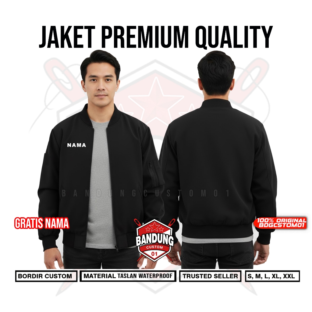 Jaket Bomber Premium Waterproof Bordir Custom Logo Desain Sendiri Satuan & Glosir
