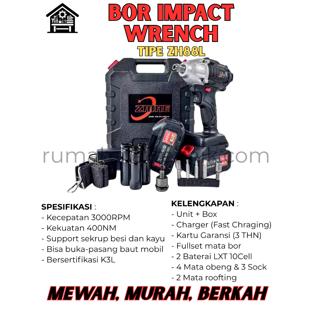 BOR IMPACT WRENCH ZHIHE ZH88L NEW | 400NM Torsi Kuat 1/2 Inch | FULLSET 2 Baterai | Support XAPR