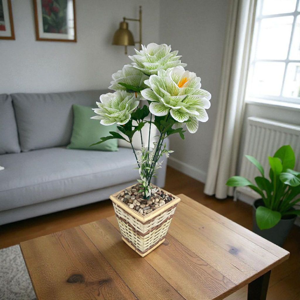 Bunga Magnolia Artificial Premium berikut dengan pot rotan bunga hias meja dan dekorasi rumah