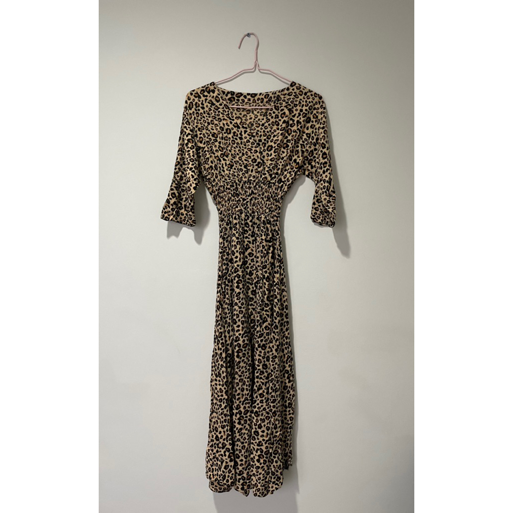Dress Gamis Longdress Rumahan Maxi Midi Kerur Lengan Panjang Muslim Hijab Motif Leopard Wanita Premi