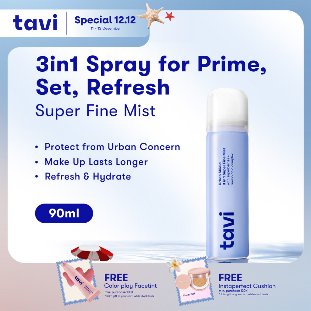 TAVI Urban Shield 3 in 1 Super Fine Mist 90 ml - Setting Spray Primer Multifungsi Make up Tahan Lama