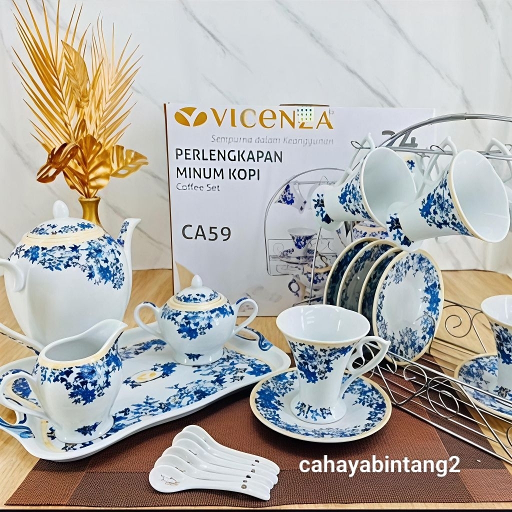 (Packing Kayu) Teko Teh, Kopi Set Cangkir Gantung Keramik Vicenza C-59