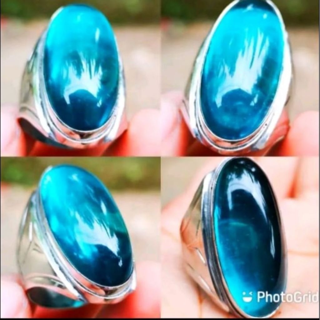Batu cincin akik pandan biru Suji polos kristal Ring stainless anti karat